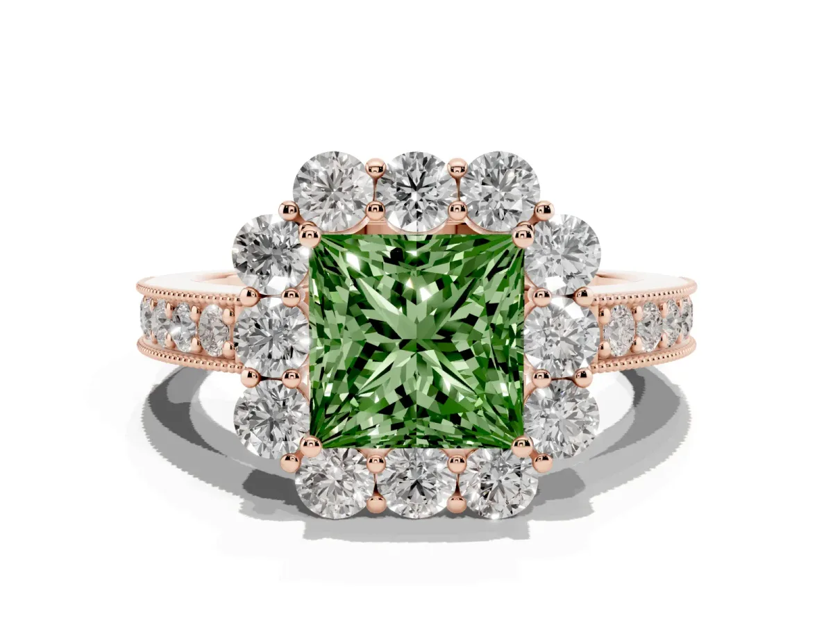Fancy Green Princess Cut Cut Halo Diamond Pavé Engagement Ring with Milgrain Detailing Rose gold