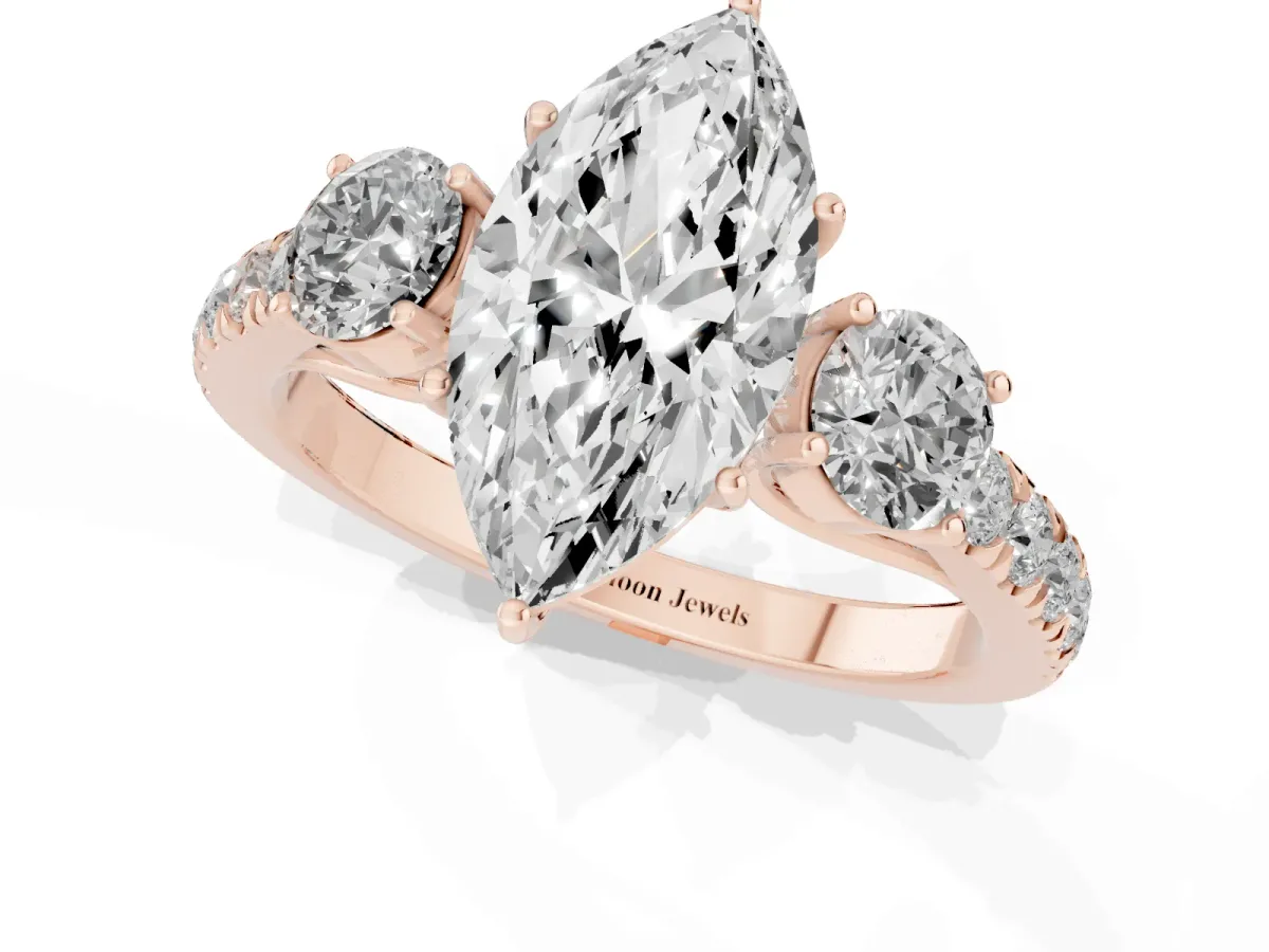 Marquise Cut Cut Diamond Three-Stone Ring with Round Side Stones and Pavé Band Rose gold