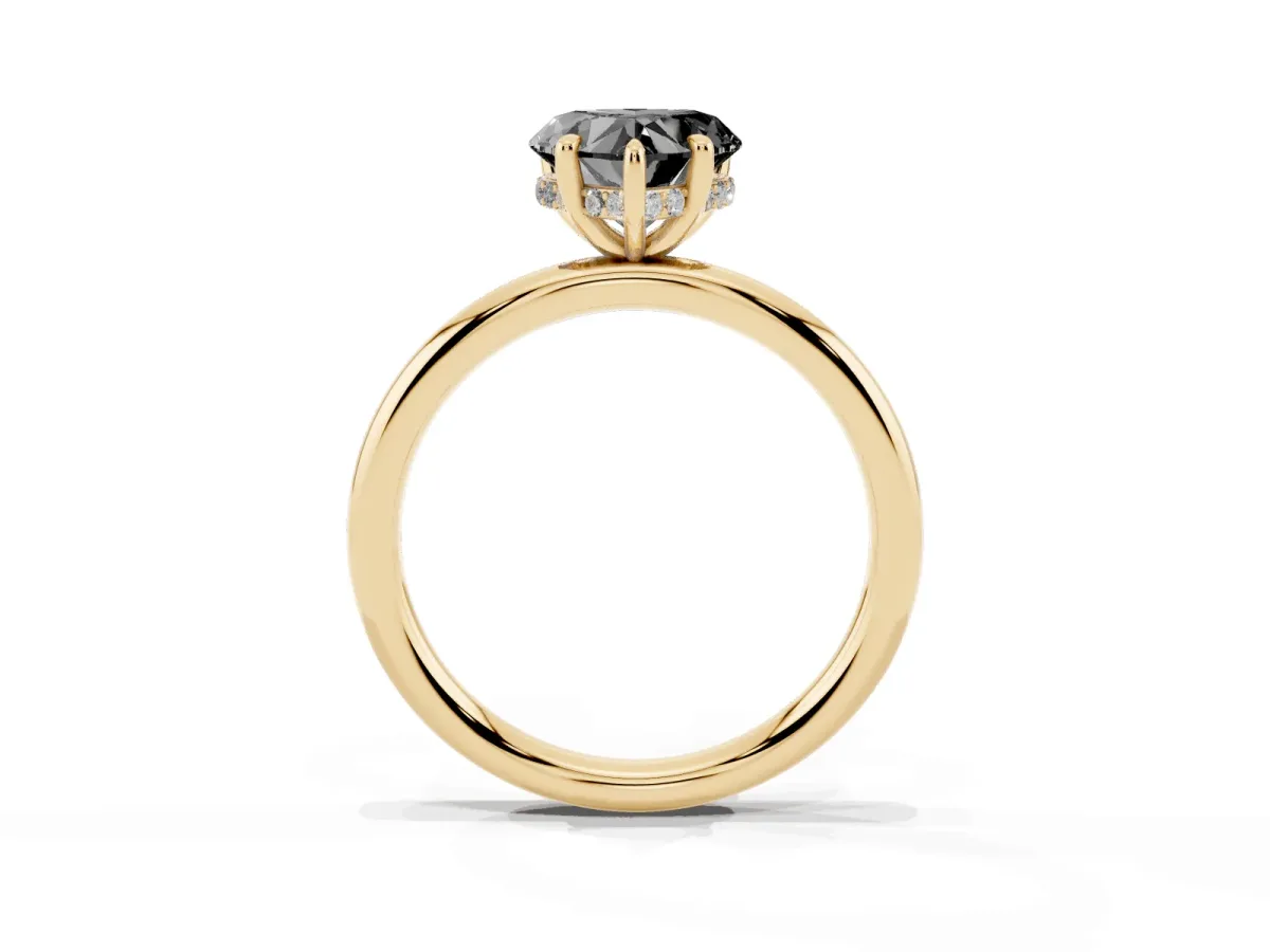 Fancy Black Heart Cut Diamond Solitaire Ring with Thin Band and Four-Prong Setting Yellow gold