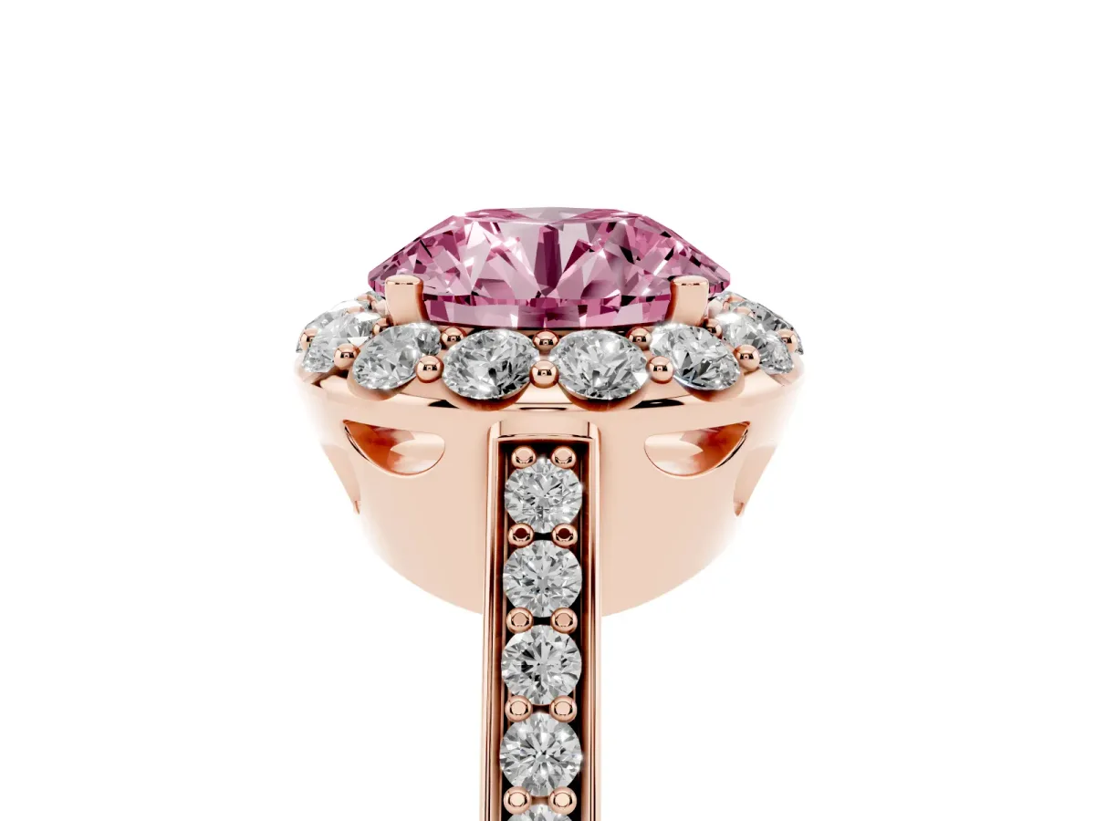 Fancy Pink Round Cut Diamond Floral Halo Ring with Pavé Band and Prong Setting Rose gold