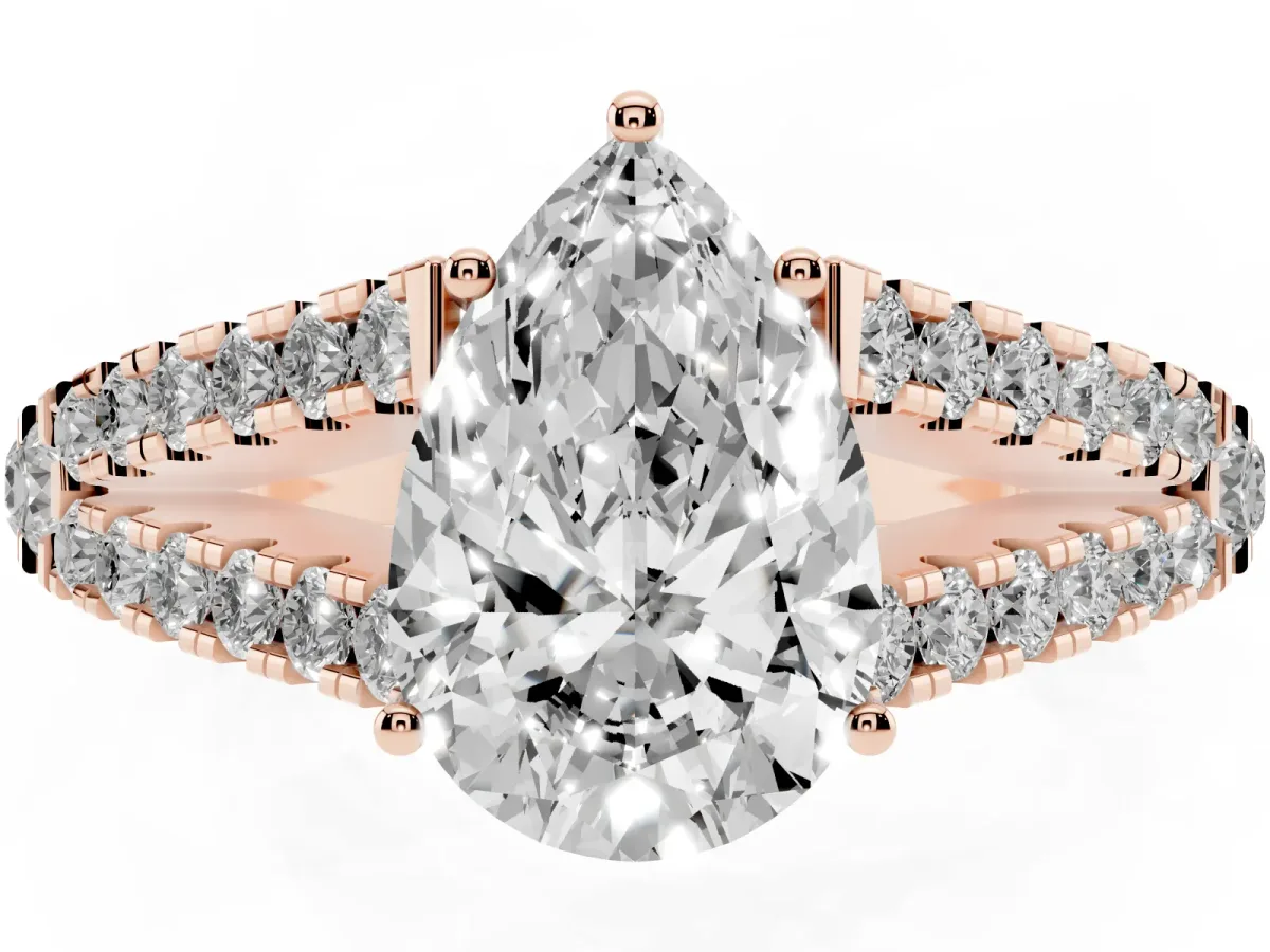 Pear Cut Diamond Split Shank Pavé Engagement Ring with Four-Prong Setting Rose gold