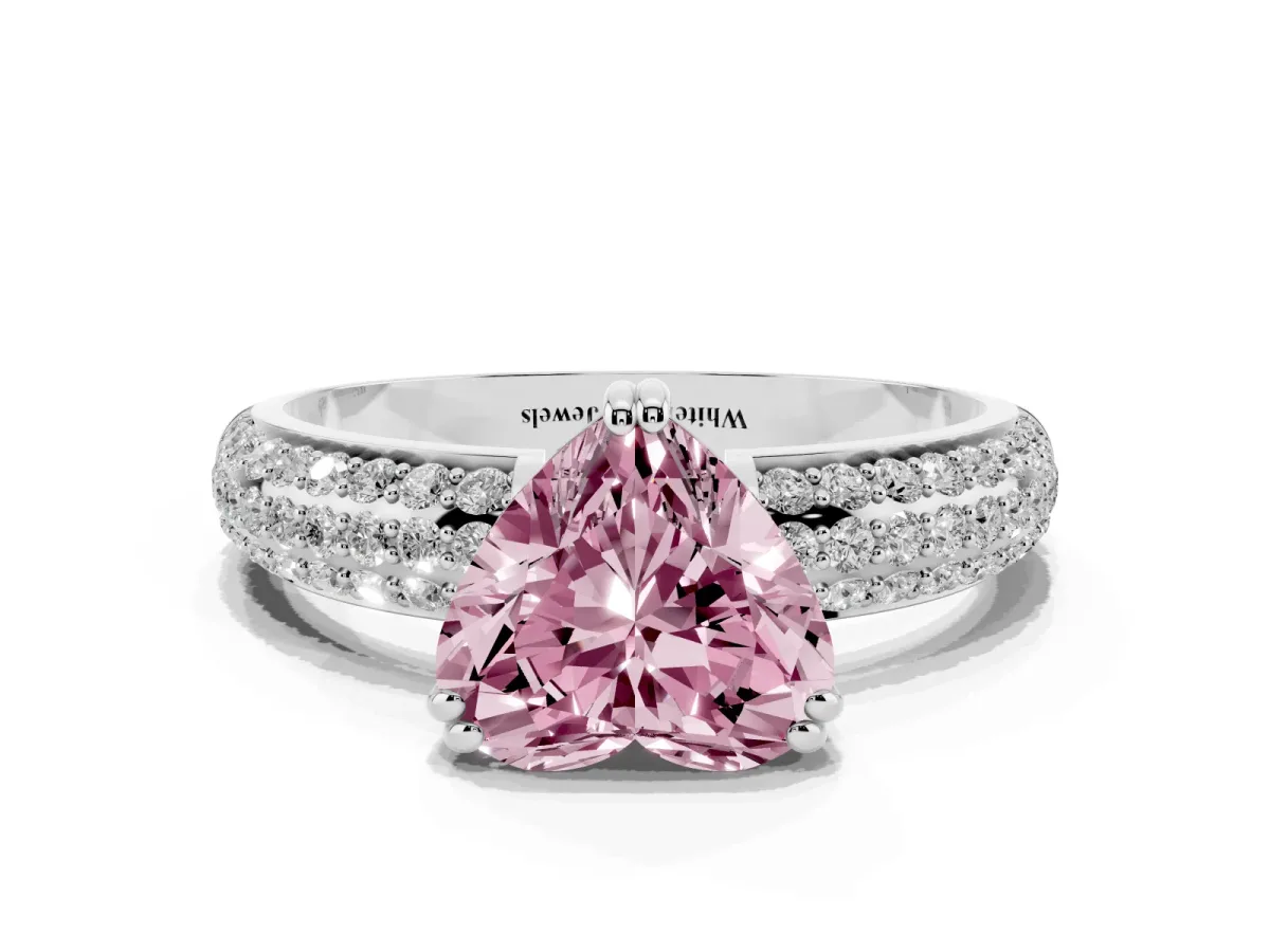 Fancy Pink Heart Cut Diamond Solitaire Ring with Multi-Row Round Pavé Band and Prong Setting Silver