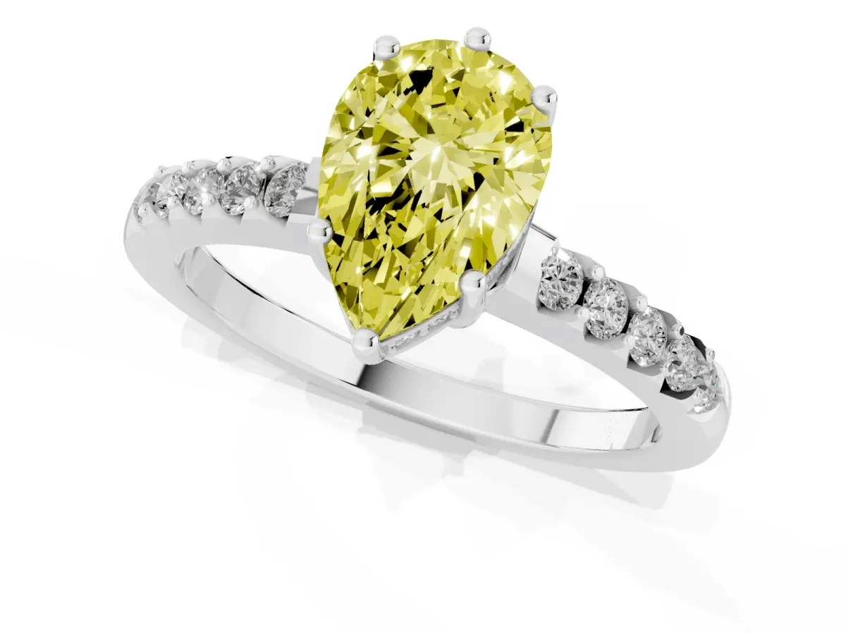 Fancy Yellow Pear Cut Solitaire Diamond Engagement Ring with Pavé Band and Six-Prong Setting White gold