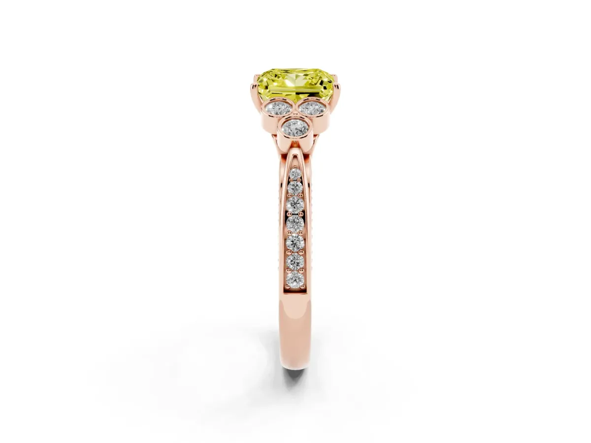 Fancy Yellow Princess Cut Cut Diamond Engagement Ring with Bezel Set Round Side Stones and Prong Setting Rose gold