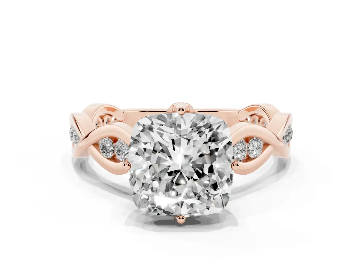Cushion Cut Solitaire Twist Band with Leaf Prong Setting Rose gold