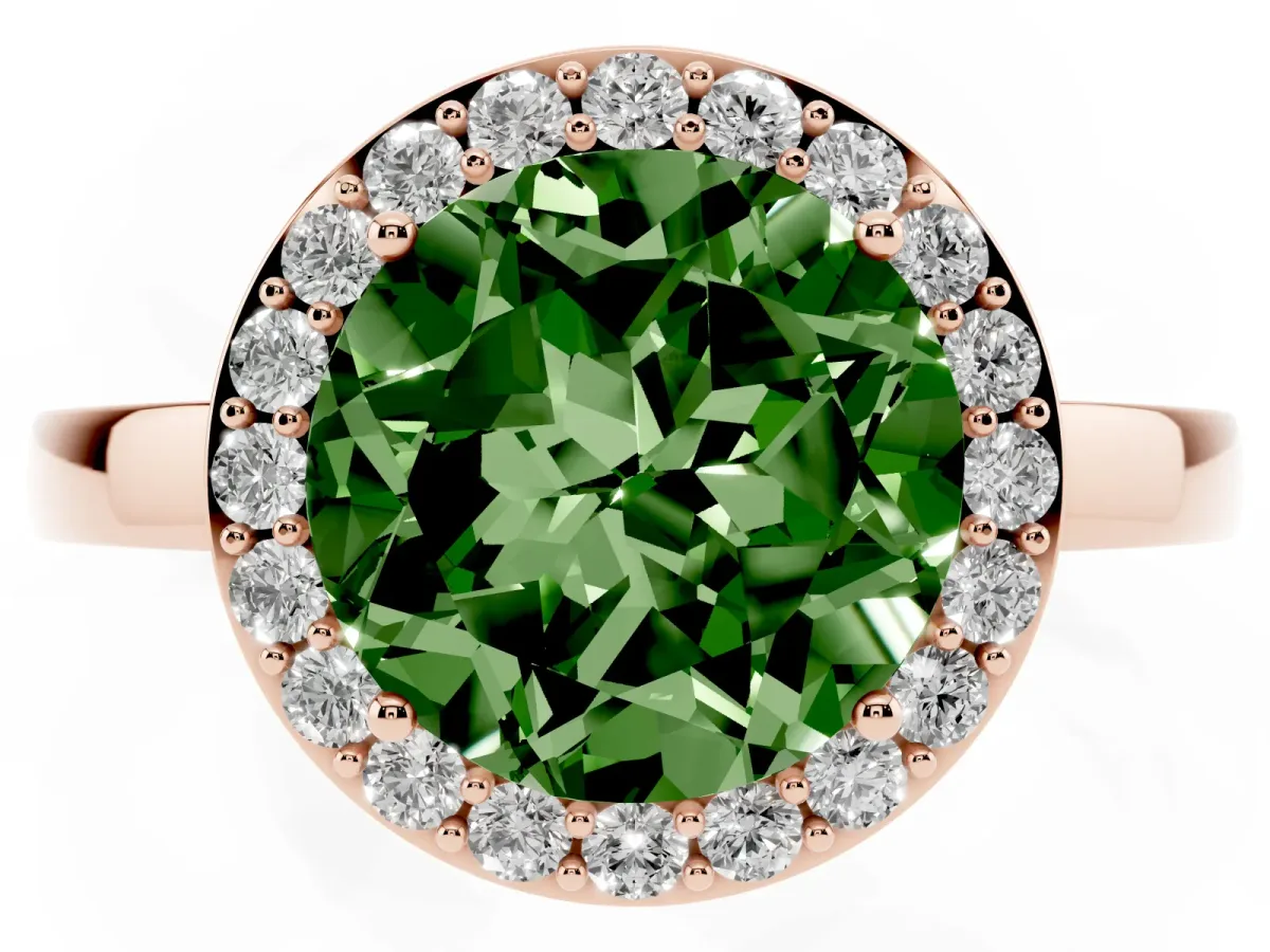 Fancy Green Round Cut Halo Diamond Ring with Solitaire Band and Prong Setting Rose gold