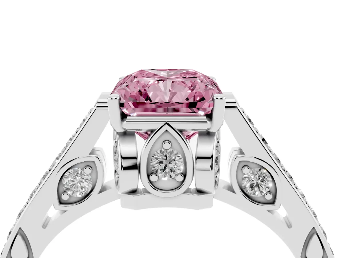Fancy Pink Radiant Cut Cut Cathedral Pave Diamond Engagement Ring with Six-Prong Setting Platinum