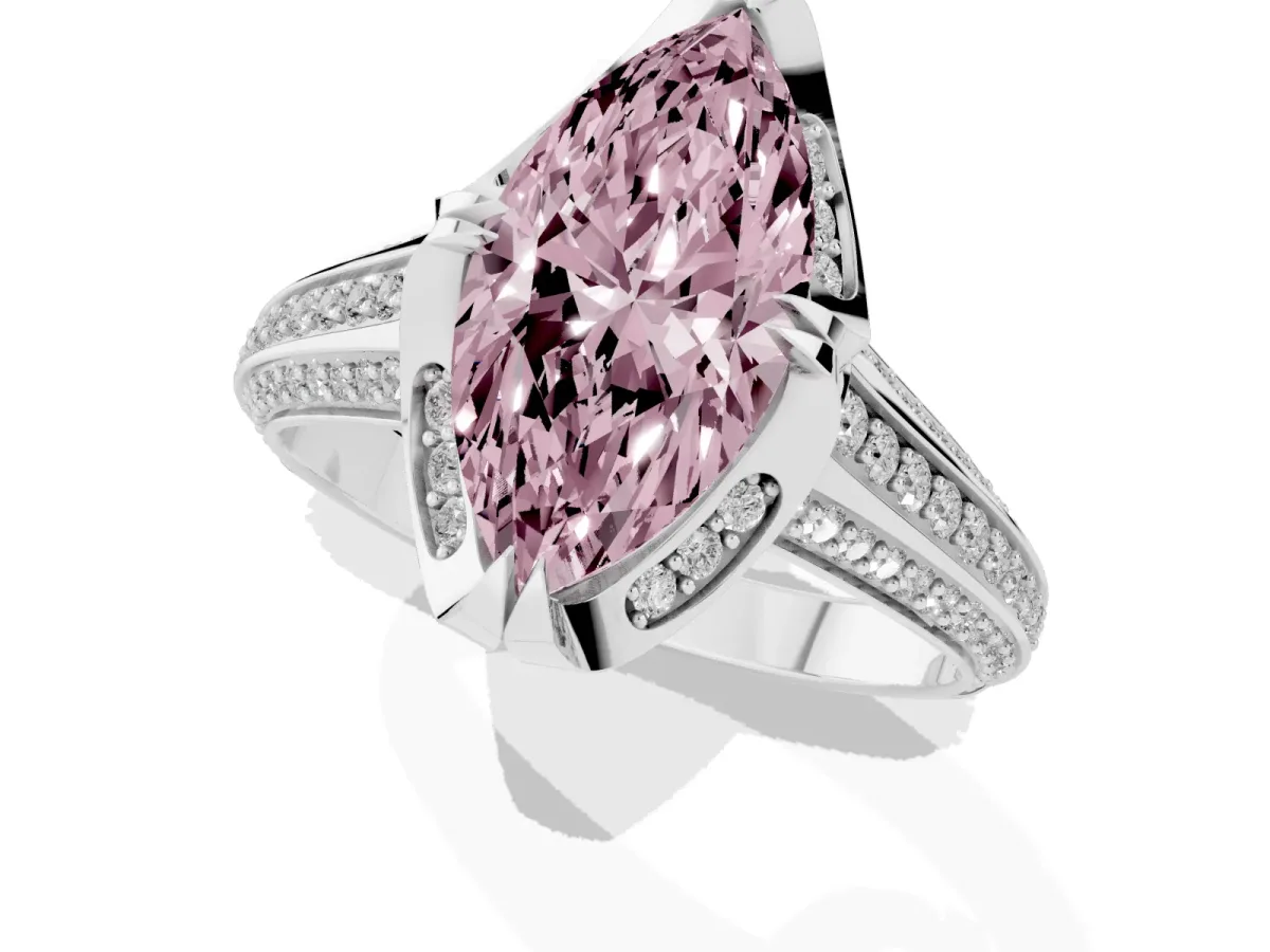 Fancy Pink Marquise Cut Solitaire Pave Split Shank Ring with Four-Prong Setting White gold