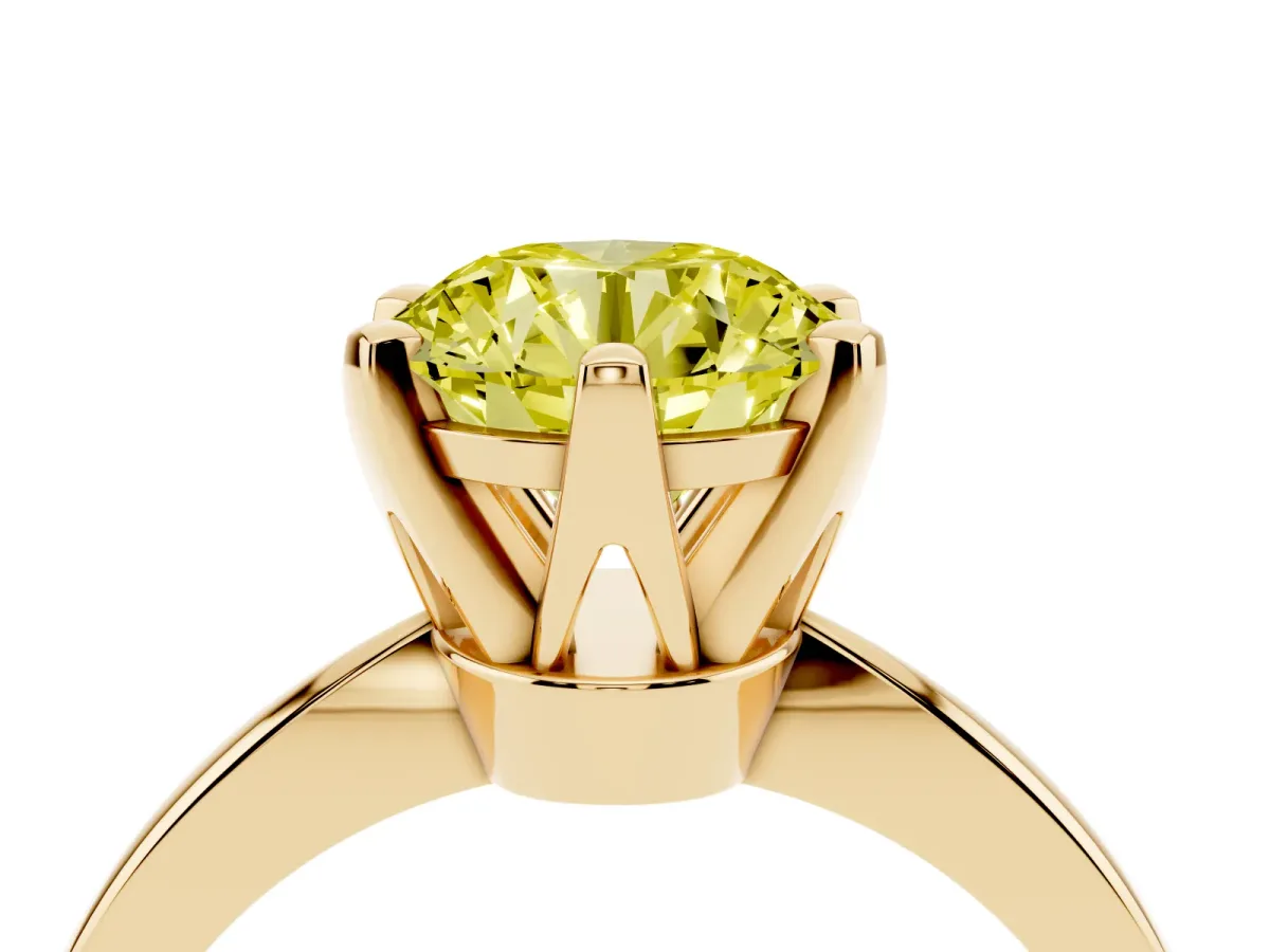 Fancy Yellow Round Cut Solitaire Engagement Ring with Six-Prong Setting and Tapered Band Yellow gold