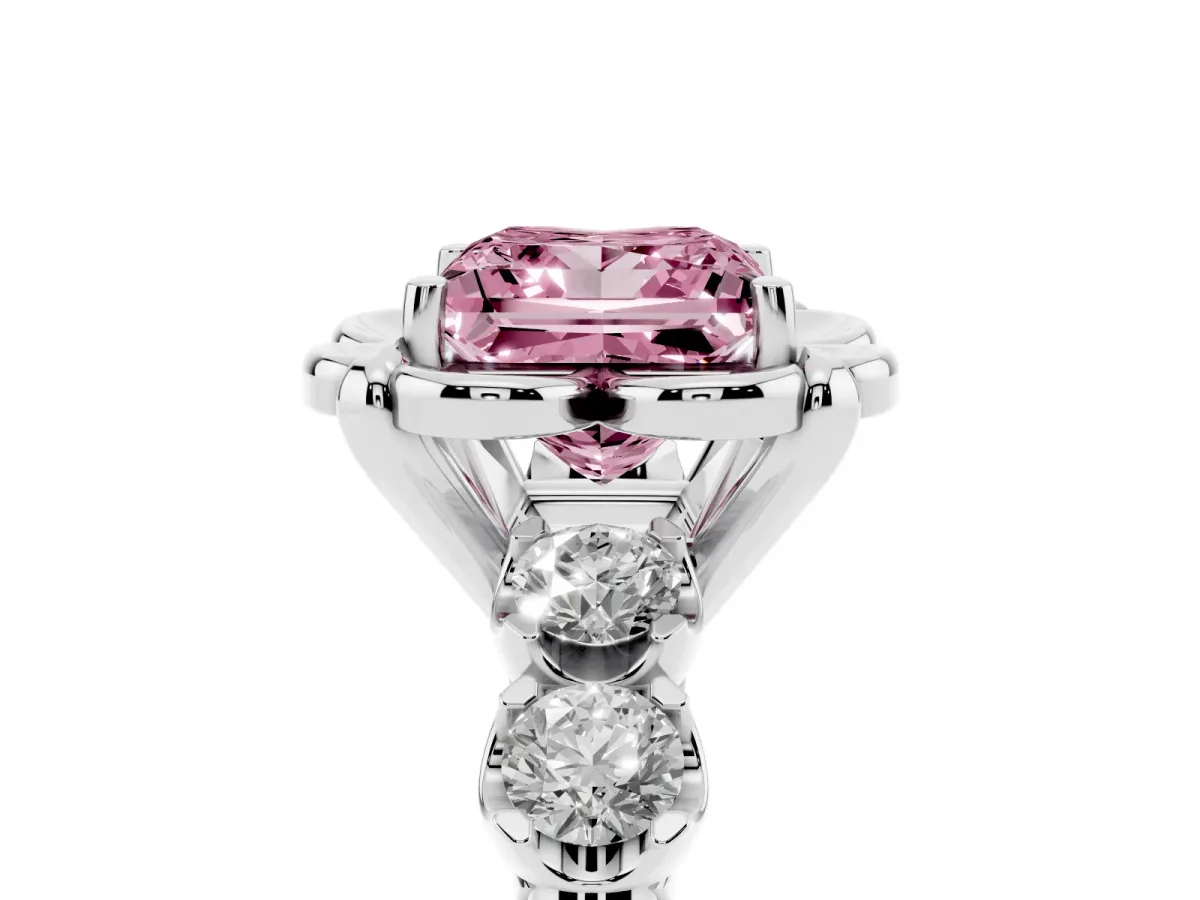 Fancy Pink Princess Cut Cut Diamond Floral Halo Engagement Ring with Shared Prong Setting Platinum