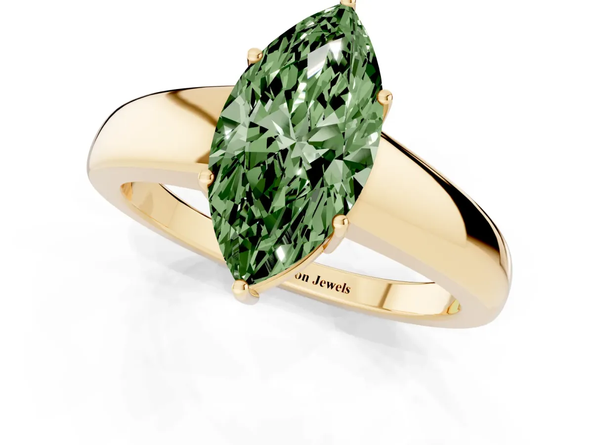 Fancy Green Marquise Cut Solitaire Diamond Ring with Tapered Band and Four-Prong Setting Yellow gold