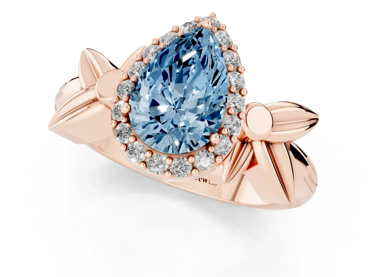 Fancy Blue Pear Cut Halo Diamond Floral Band with Four-Prong Setting Rose gold