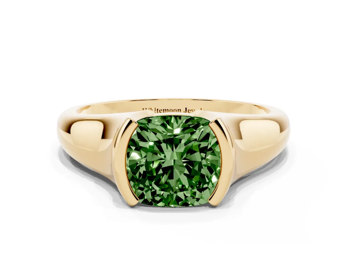 Fancy Green Cushion Cut Solitaire Tension Set Diamond Ring with Split Shank Band Yellow gold