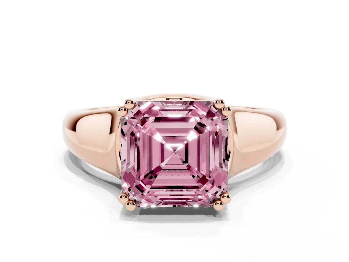Fancy Pink Asscher Cut Diamond Solitaire Ring with Wide Band and Prong Setting Rose gold