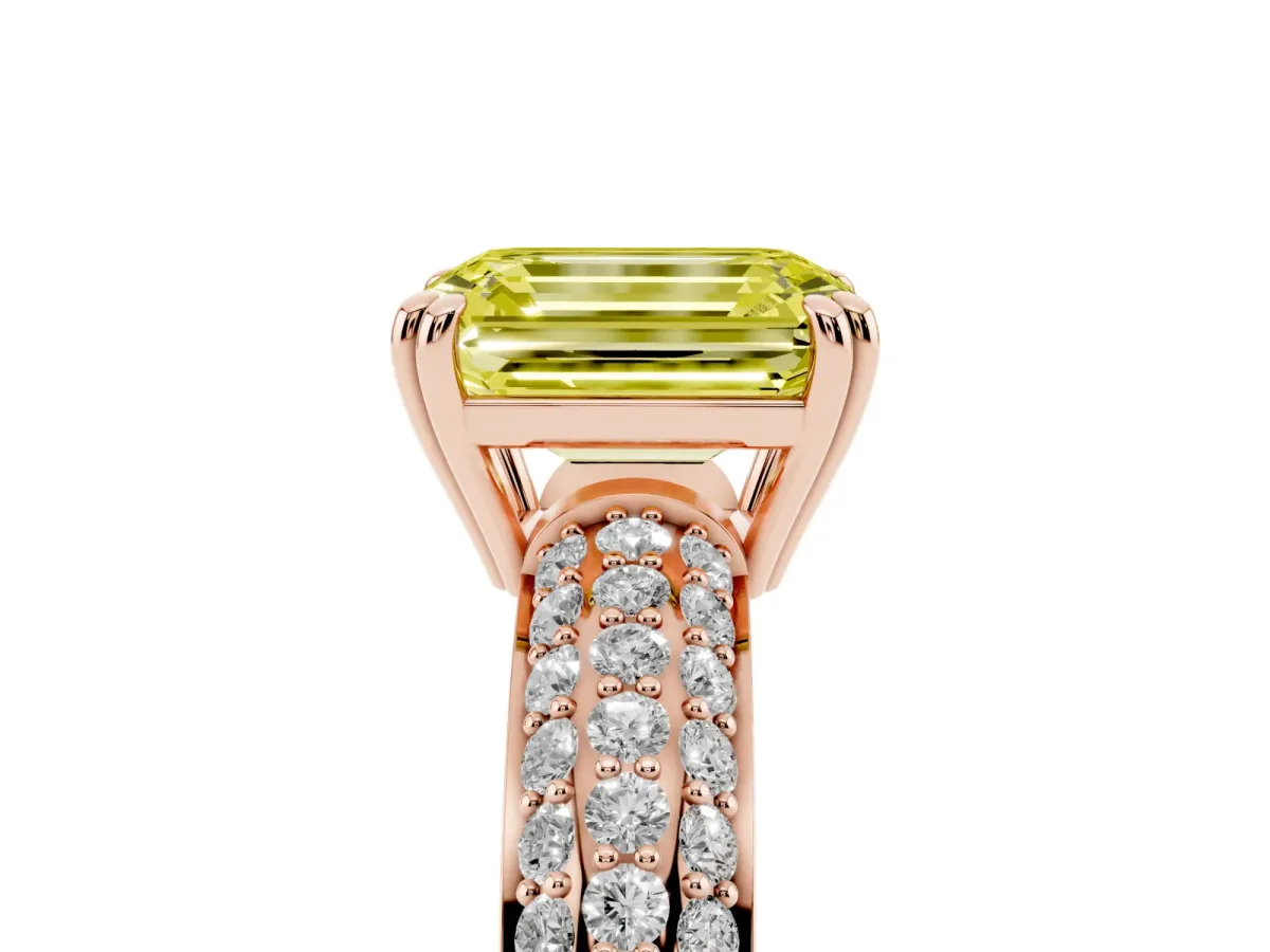 Fancy Yellow Emerald Cut Diamond Solitaire Ring with Multi-Row Round Pavé Band and Prong Setting Rose gold