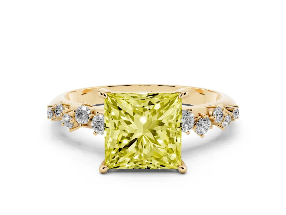 Fancy Yellow Princess Cut Diamond Cluster Side Stone Solitaire Ring with Prong Setting Yellow gold