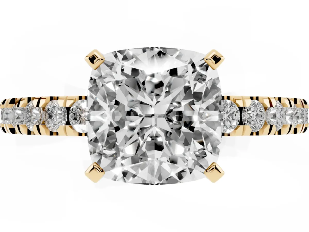 Cushion Cut Solitaire Diamond with Pavé Band and Four-Prong Setting Yellow gold