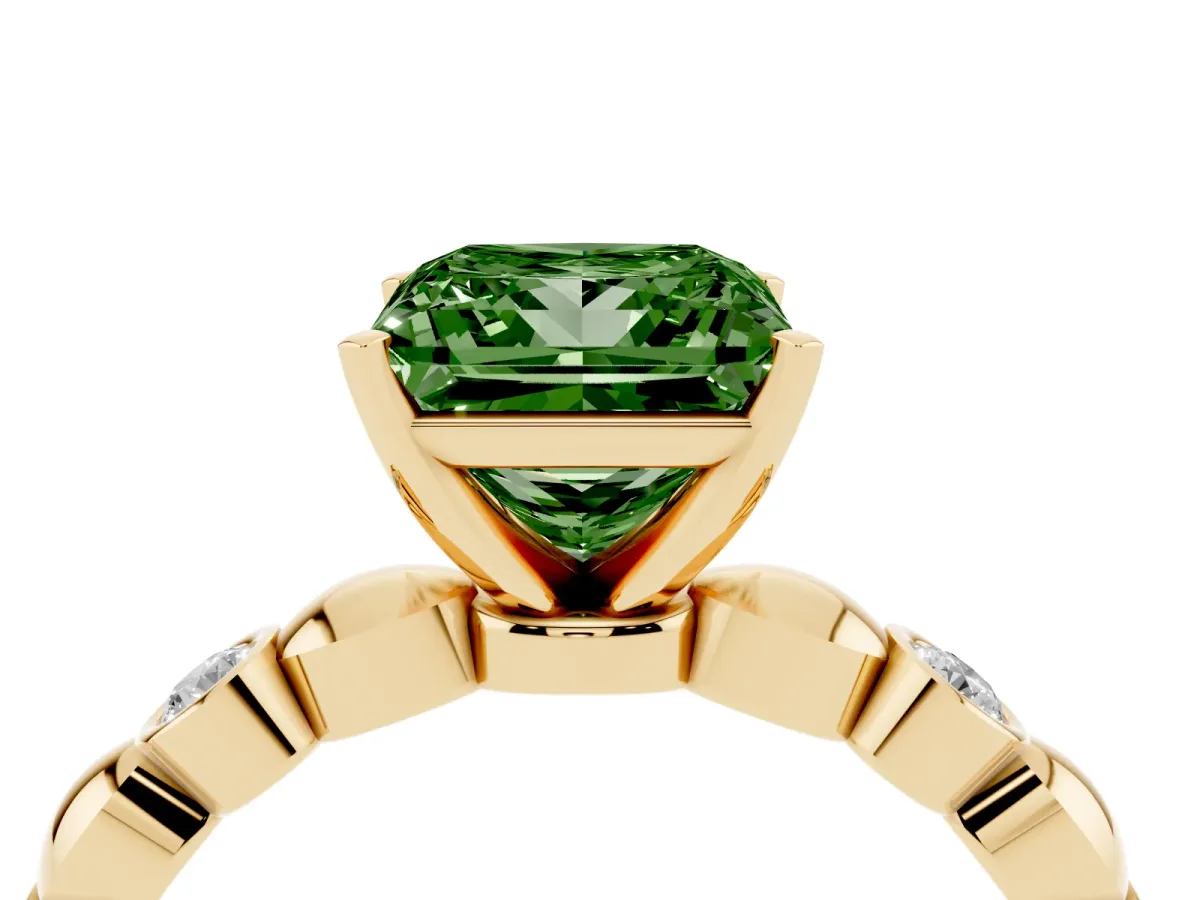 Fancy Green Princess Cut Solitaire Bezel-Set Diamond Ring with Beaded Band and Four-Prong Setting Yellow gold