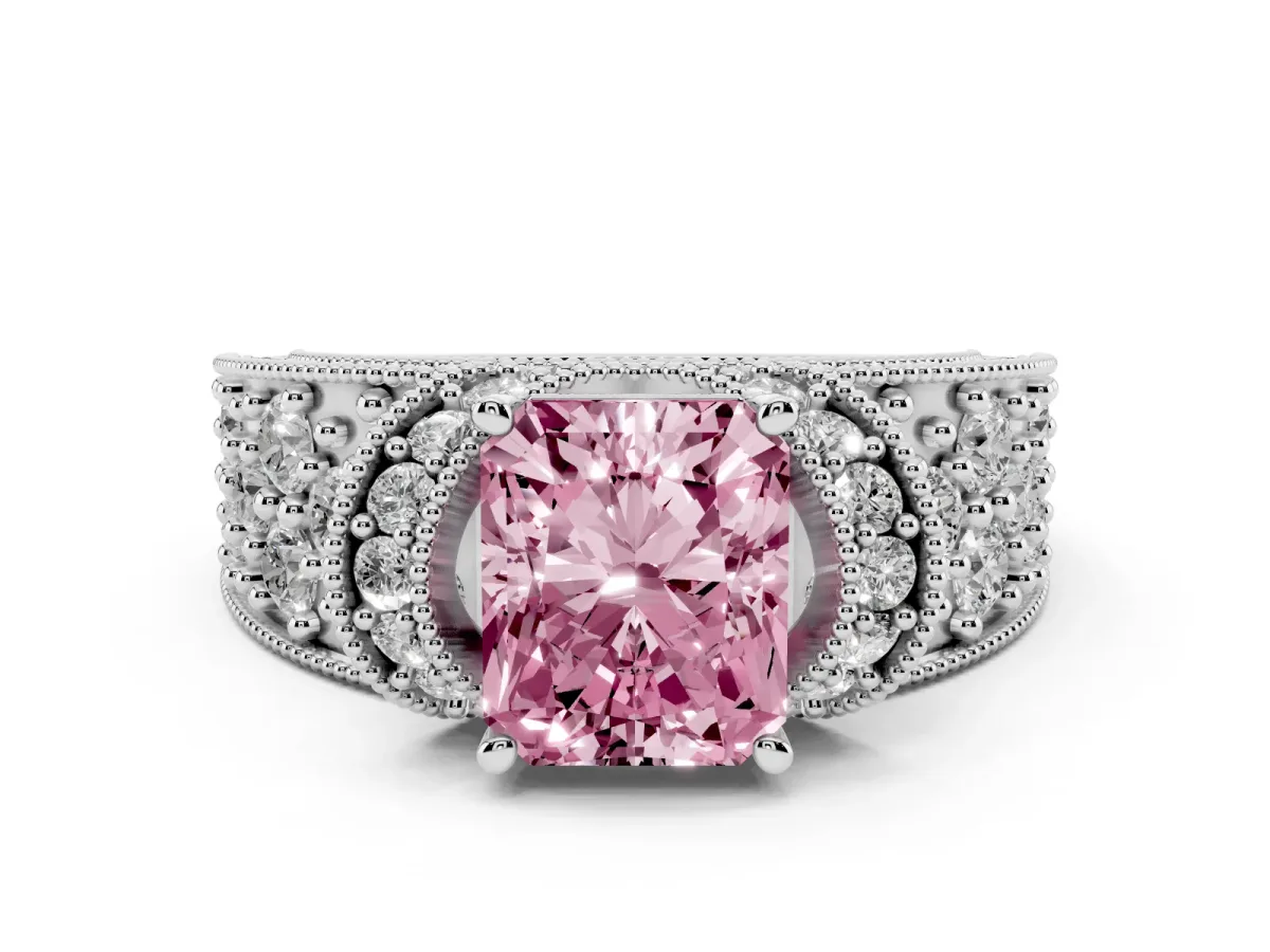 Fancy Pink Radiant Cut Halo Pave Diamond Engagement Ring with Milgrain Detailing White gold