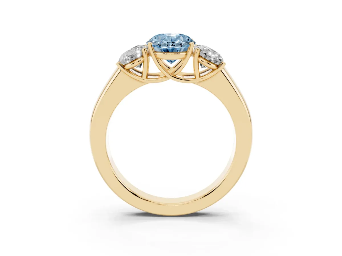 Fancy Blue Three-Stone Oval Cut Cut Diamond Ring with Prong Setting and Classic Band Yellow gold