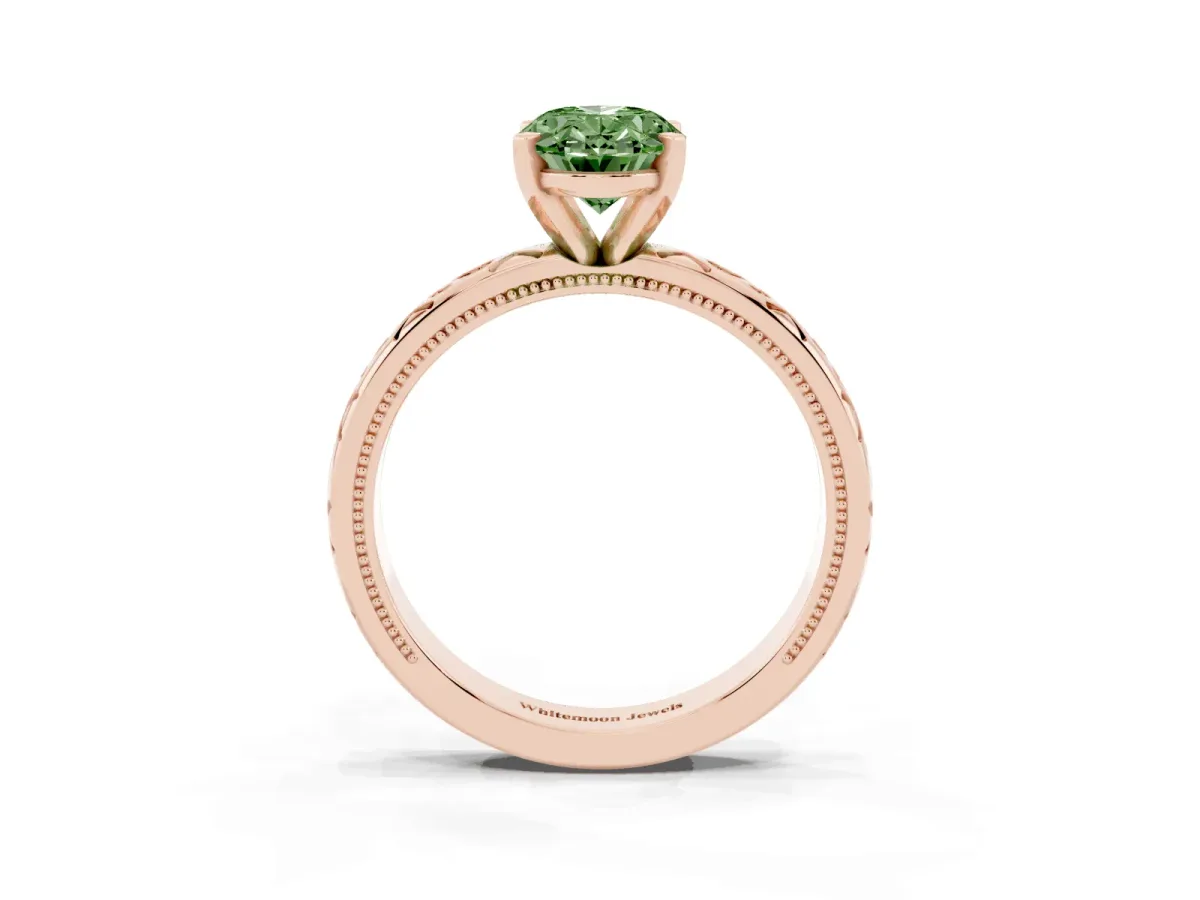Fancy Green Oval Cut Solitaire Engagement Ring with Scrollwork Band and Four-Prong Setting Rose gold