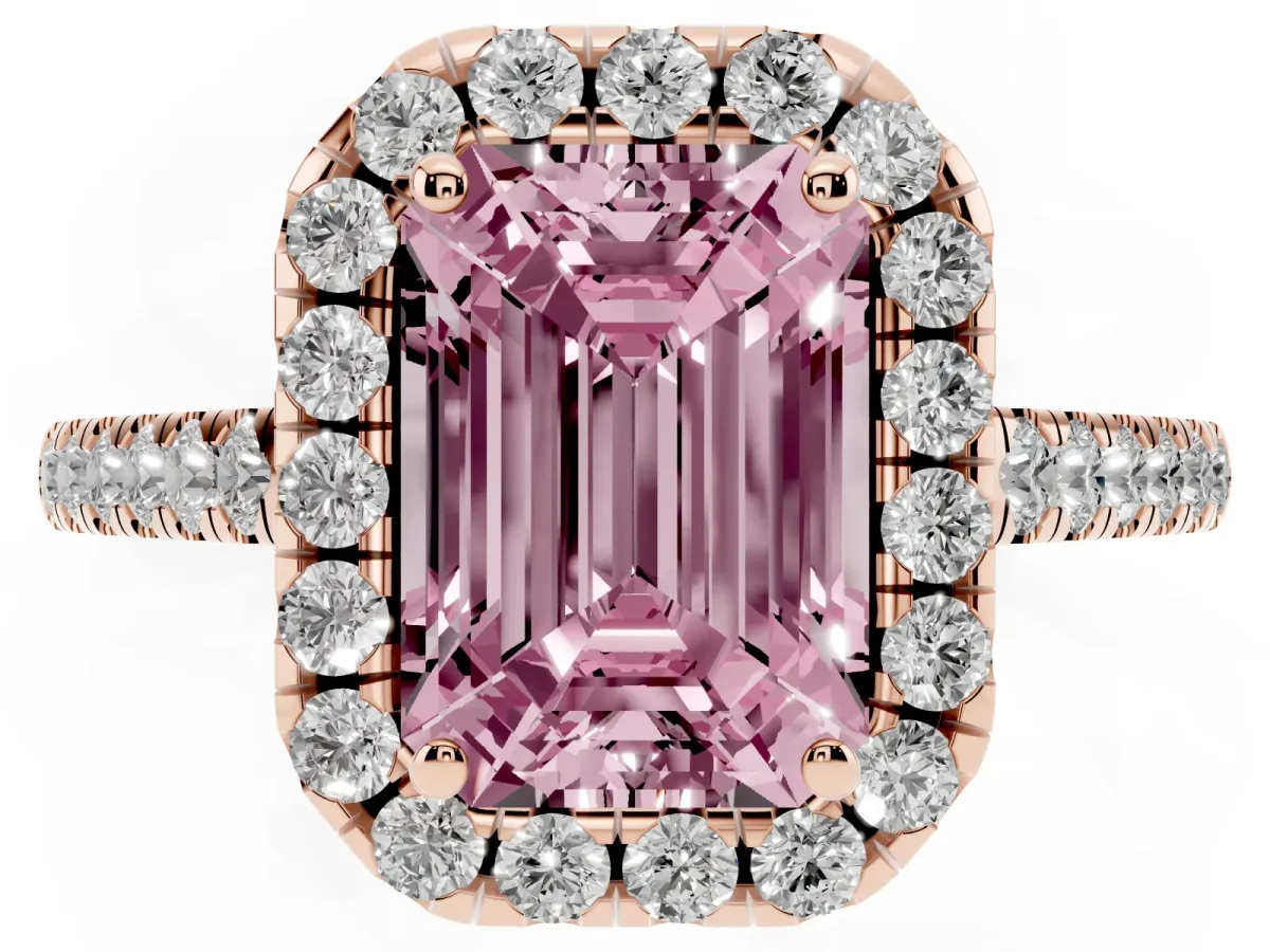 Fancy Pink Emerald Cut Halo Pave Diamond Engagement Ring with Four-Prong Setting Rose gold