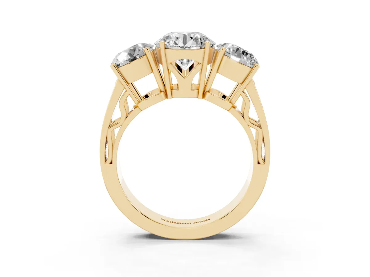 Round Cut Diamond Three-Stone Ring with Prong Setting and Textured Band Yellow gold