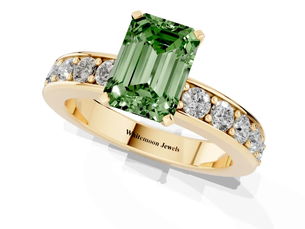 Fancy Green Emerald Cut Diamond Engagement Ring with Channel Set Round Band and Prong Setting Yellow gold