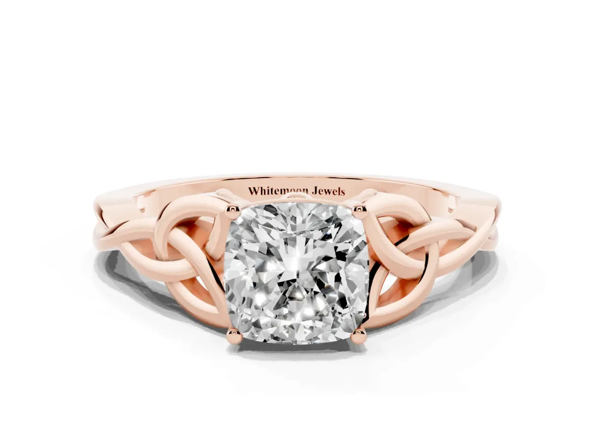Cushion Cut Diamond Solitaire Engagement Ring with Celtic Knot Band and Four-Prong Setting Rose gold