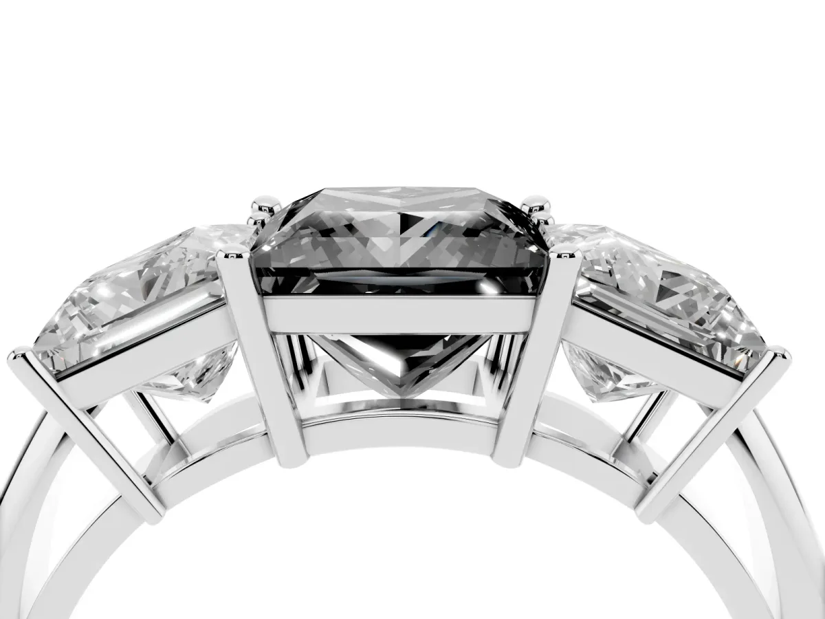 Fancy Black Three-Stone Princess Cut Cut Diamond Engagement Ring with Prong Setting on a White Gold Band White gold