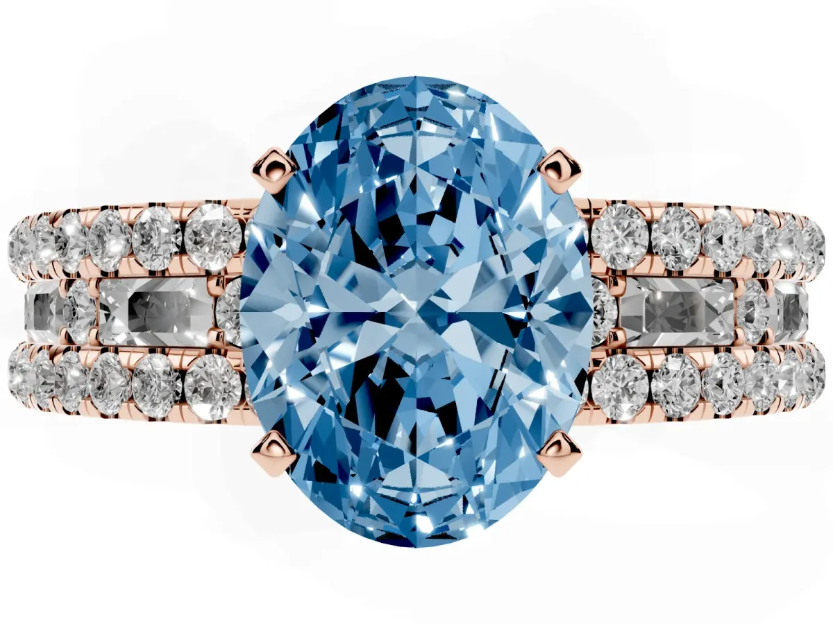 Fancy Blue Oval Cut Diamond Solitaire Ring with Pavé and Channel Set Band Rose gold
