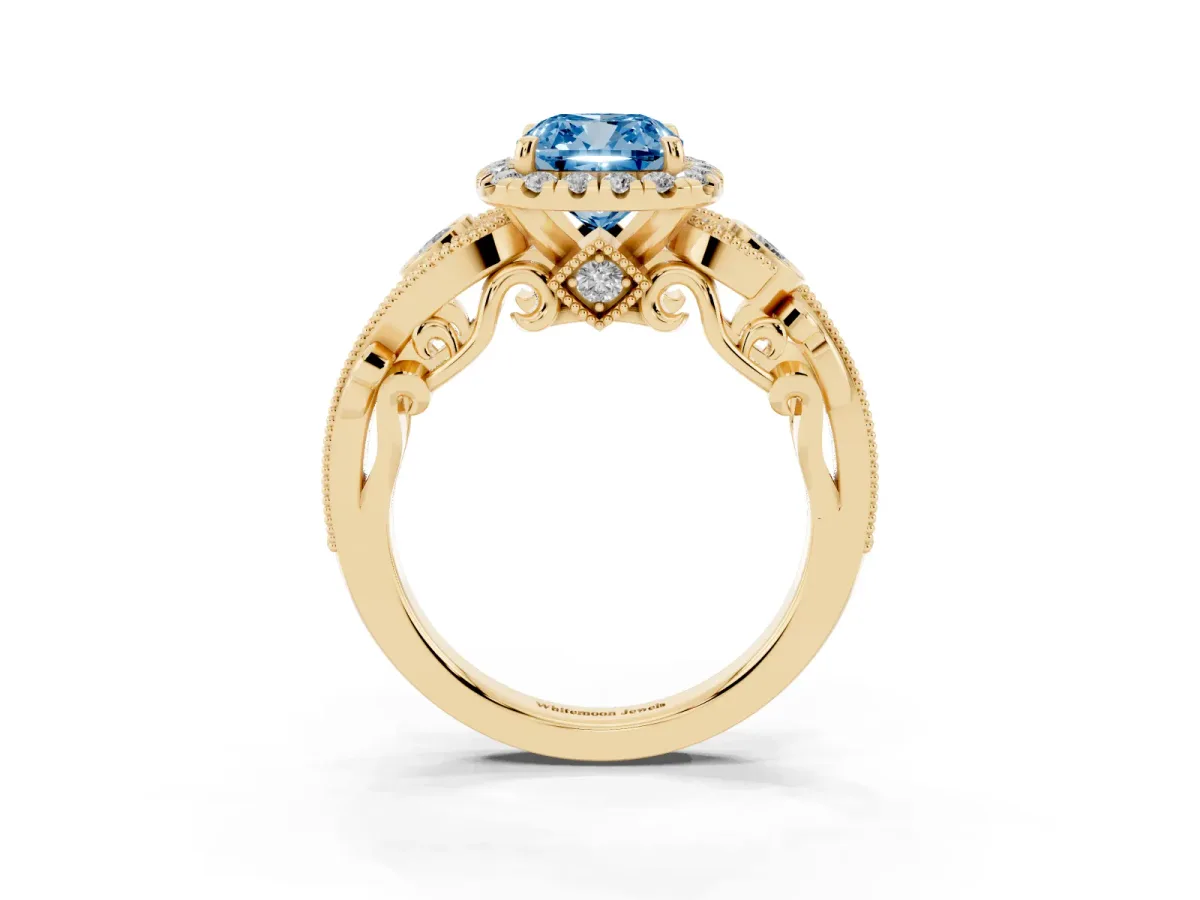 Fancy Blue Cushion Cut Diamond Halo Ring with Milgrain Pavé Band and Four-Prong Setting Yellow gold