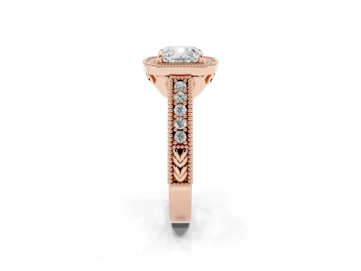 Cushion Cut Cut Halo Diamond Ring with Pavé Band and Four-Prong Setting Rose gold