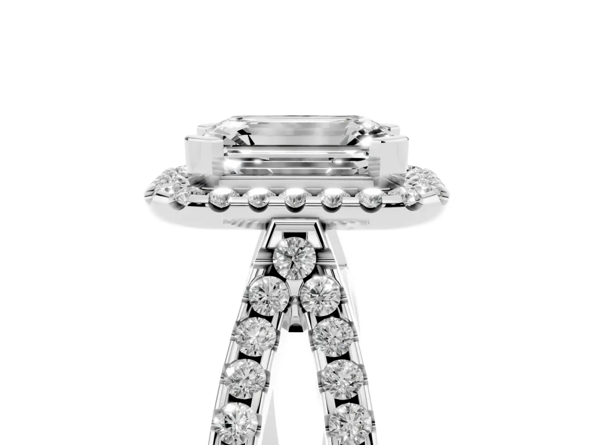 Emerald Cut Diamond Halo Ring with Split Shank Pavé Band and Prong Setting Platinum