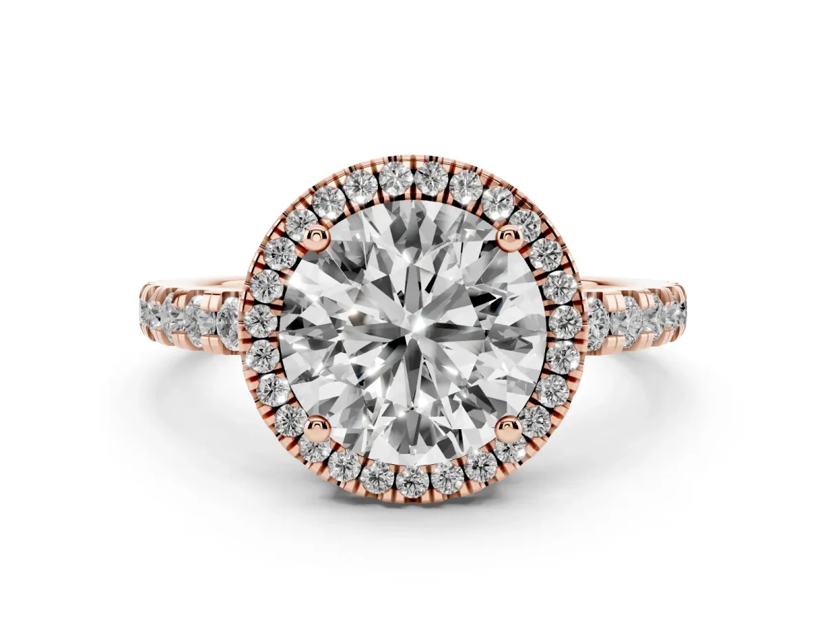 Round Cut Diamond Halo Ring with Pavé Band and Four-Prong Setting Rose gold