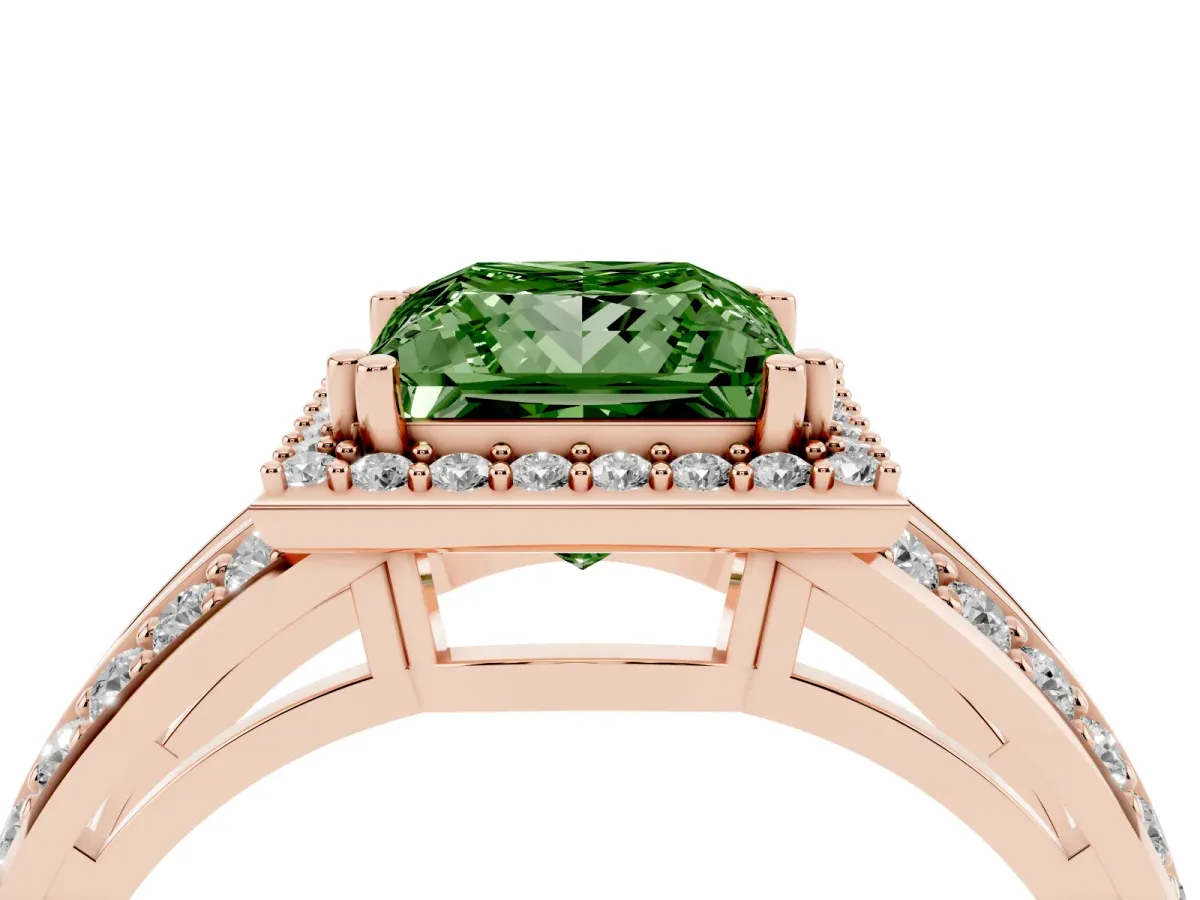 Fancy Green Princess Cut Diamond Halo Ring with Split Shank Pavé Band and Four-Prong Setting Rose gold