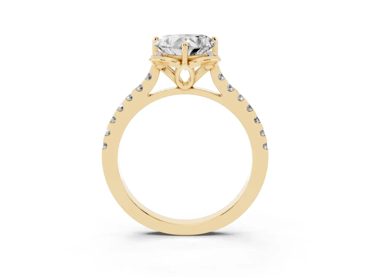 Heart Cut Diamond Ring with Pavé Band and Floral Prong Setting Yellow gold