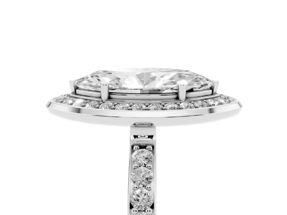 Marquise Cut Diamond Halo Ring with Bezel Frame and Pavé Band Silver