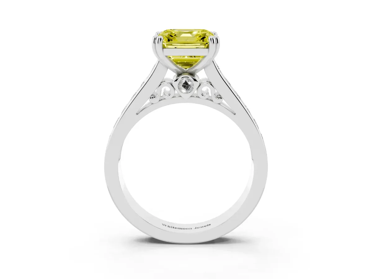 Fancy Yellow Asscher Cut Cut Channel Set Solitaire Engagement Ring with Prong Setting Silver