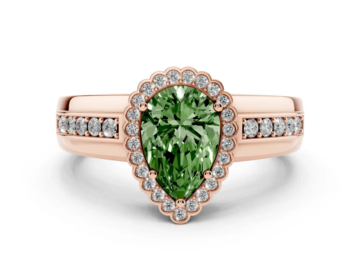 Fancy Green Pear Cut Cut Halo Pave Band Four-Prong Ring Rose gold