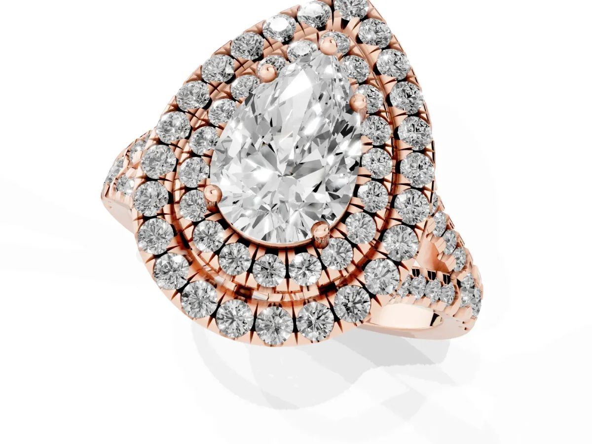 Double Halo Pear Cut Diamond Pavé Split Shank Ring with Prong Setting Rose gold