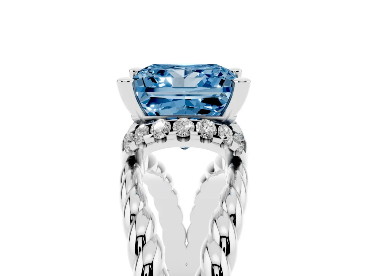 Fancy Blue Princess Cut Halo Twisted Band Four-Prong Ring Silver