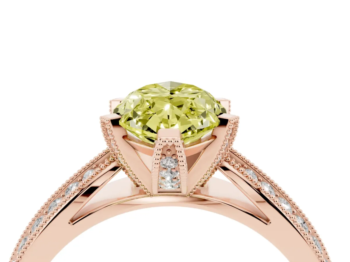 Fancy Yellow Marquise Cut Diamond Solitaire Ring with Milgrain Round Pavé Band and Prong Setting Rose gold
