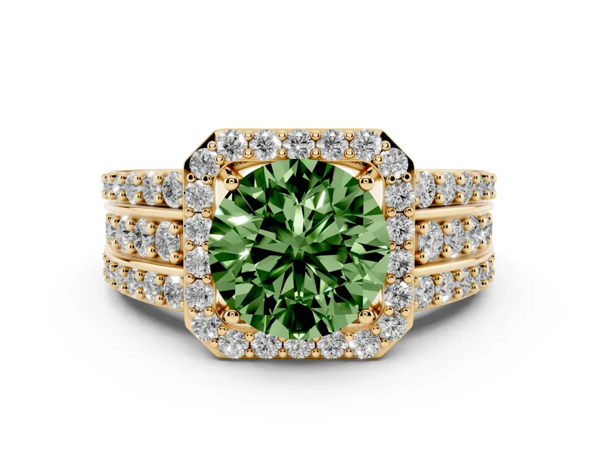 Fancy Green Round Cut Halo Diamond Ring with Round Split Shank and Prong Setting Yellow gold