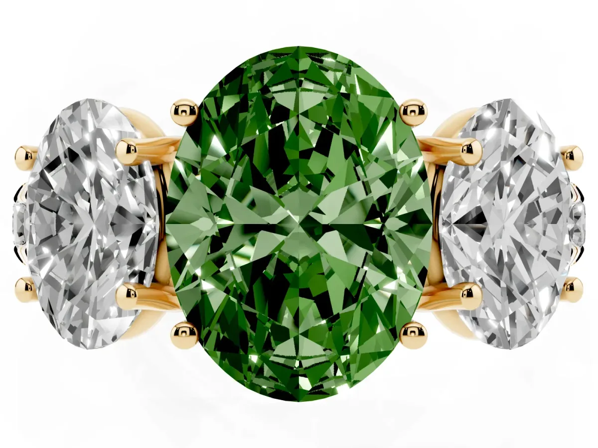 Fancy Green Three-Stone Oval Cut Diamond Pavé Band with Prong Setting Yellow gold
