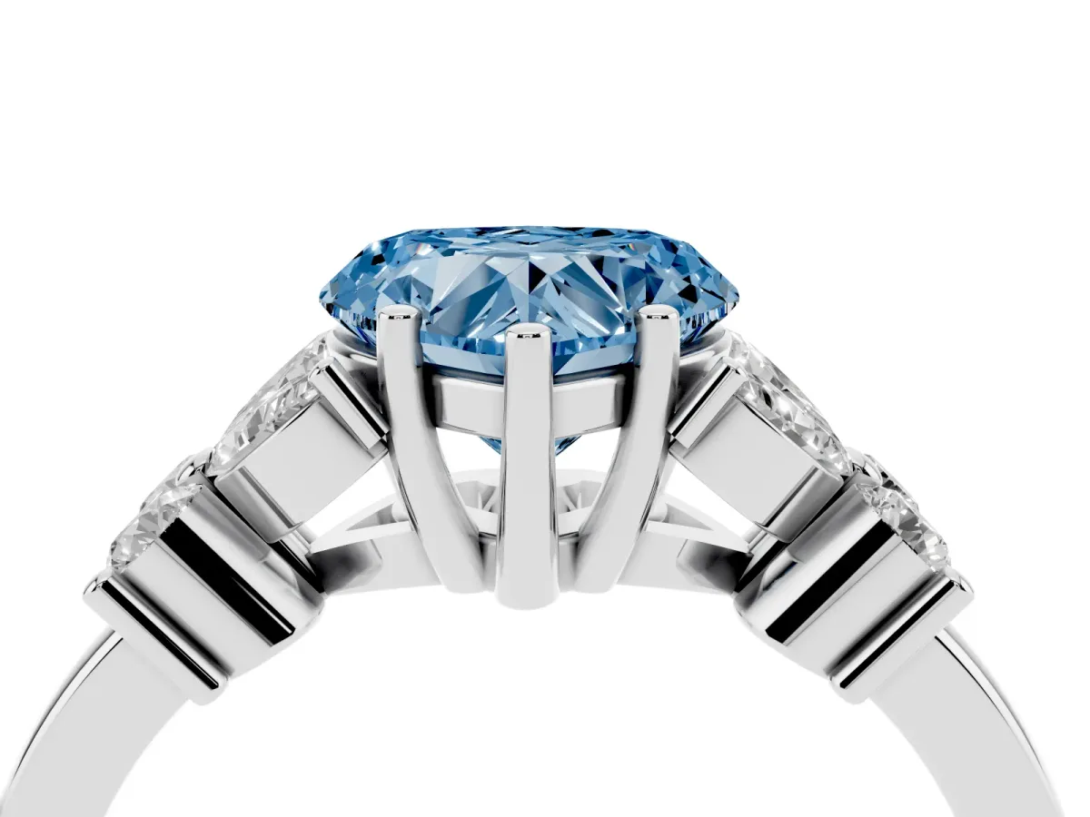 Fancy Blue Heart Cut Diamond Floral Cluster Ring with Solitaire Band and Prong Setting Platinum