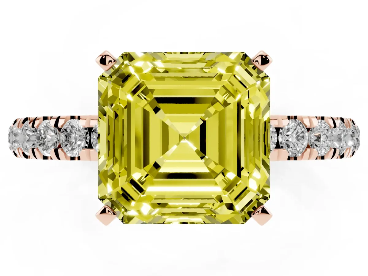 Fancy Yellow Asscher Cut Diamond Solitaire Ring with Pavé Accents and Four-Prong Setting Rose gold