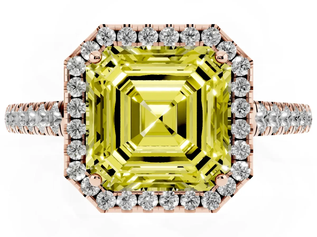 Fancy Yellow Asscher Cut Halo Pave Diamond Engagement Ring with Four-Prong Setting Rose gold