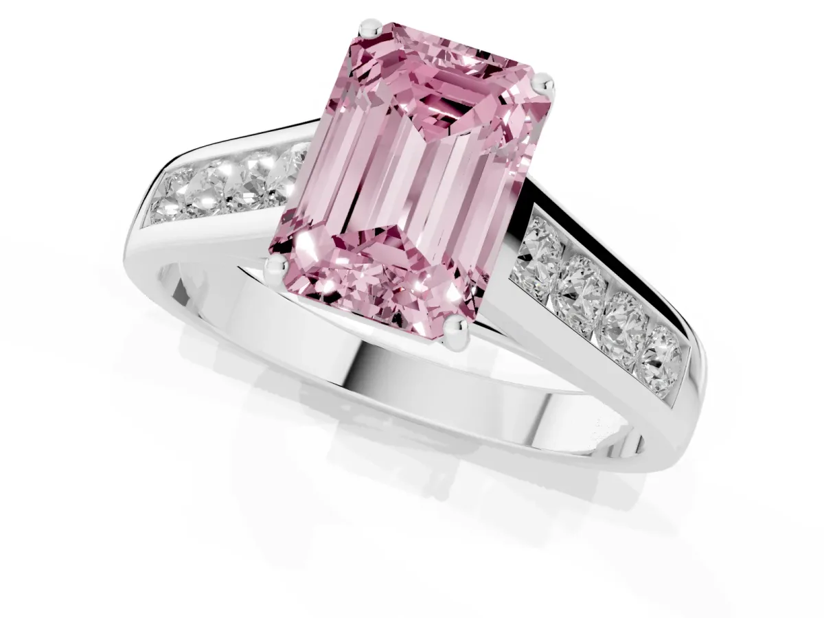 Fancy Pink Emerald Cut Brilliant Channel-Set Solitaire Ring with Four-Prong Setting Platinum