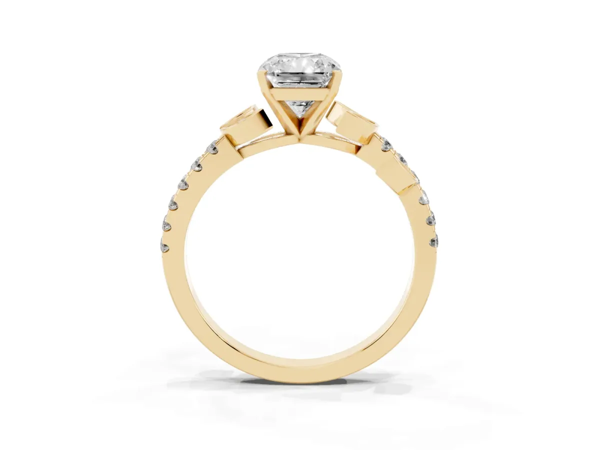 Radiant Cut Solitaire Leaf-Inspired Diamond Ring with Pavé Band and Four-Prong Setting Yellow gold